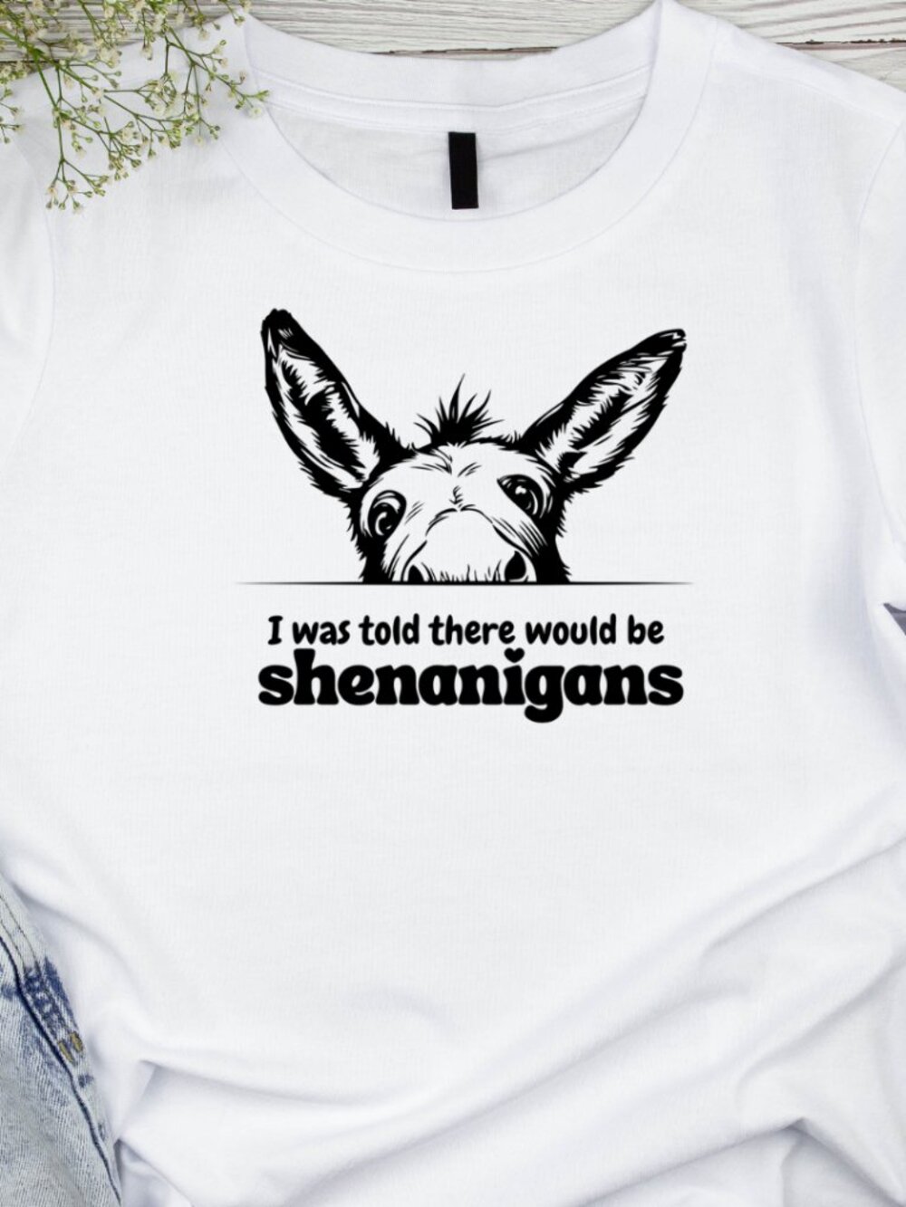 Hand Crafted White Short Sleeve Tee with Black Donkey Shenanigans Graphic